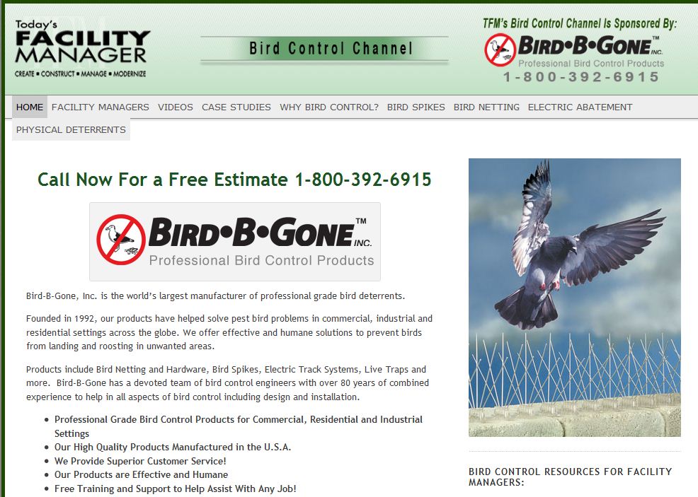 Bird-B-Gone Launches Bird Control Channel for Facility Managers